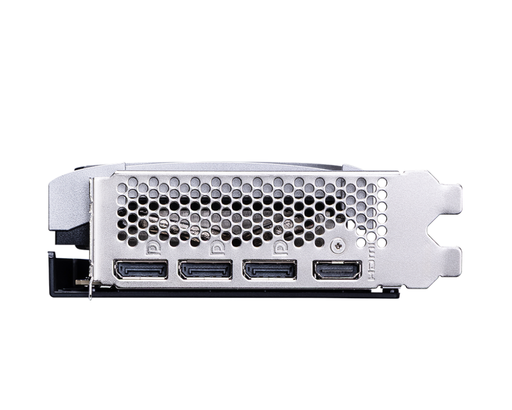 Computer graphics card with multiple ports on a white background