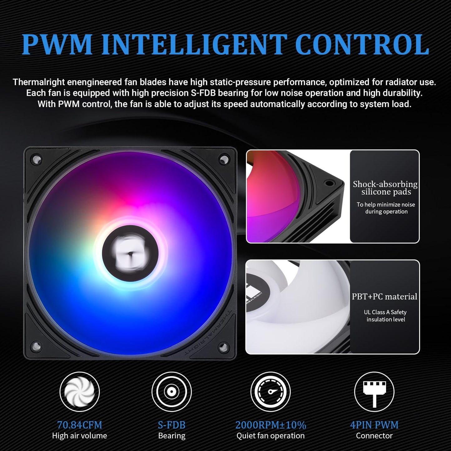 Computer fan with RGB lighting and technical specifications on a black background