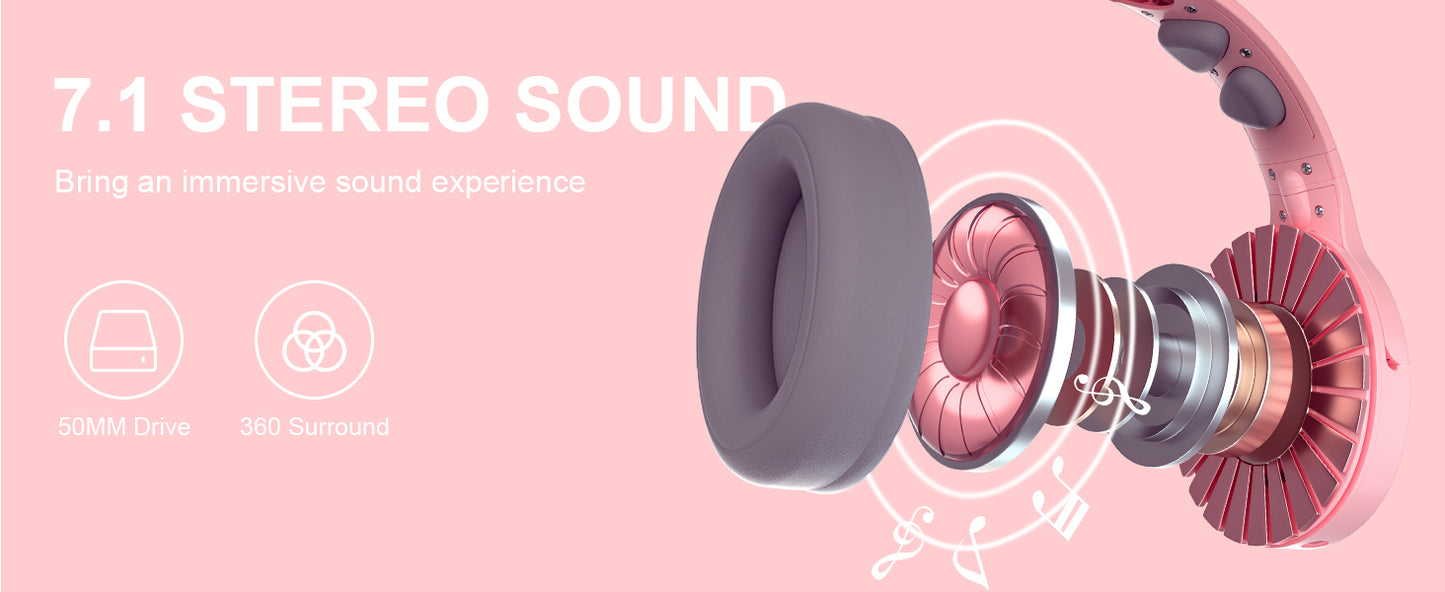 Kitty Cat Pink Gamer Bluetooth Headset with Detachable Mic