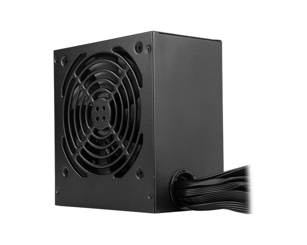 Black computer power supply unit with fan on a white background