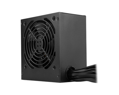 Black computer power supply unit with fan on a white background