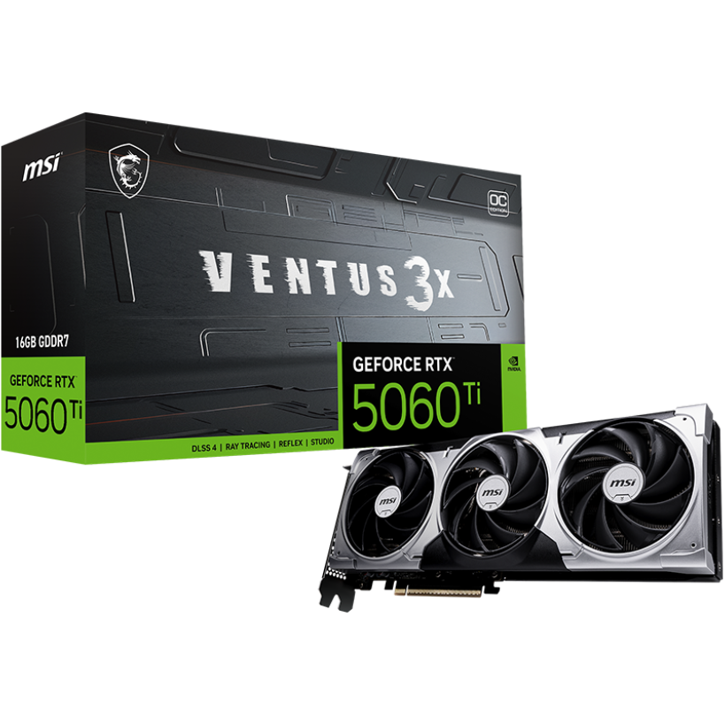 MSI GeForce RTX 5060 Ti graphics card with packaging on a white background