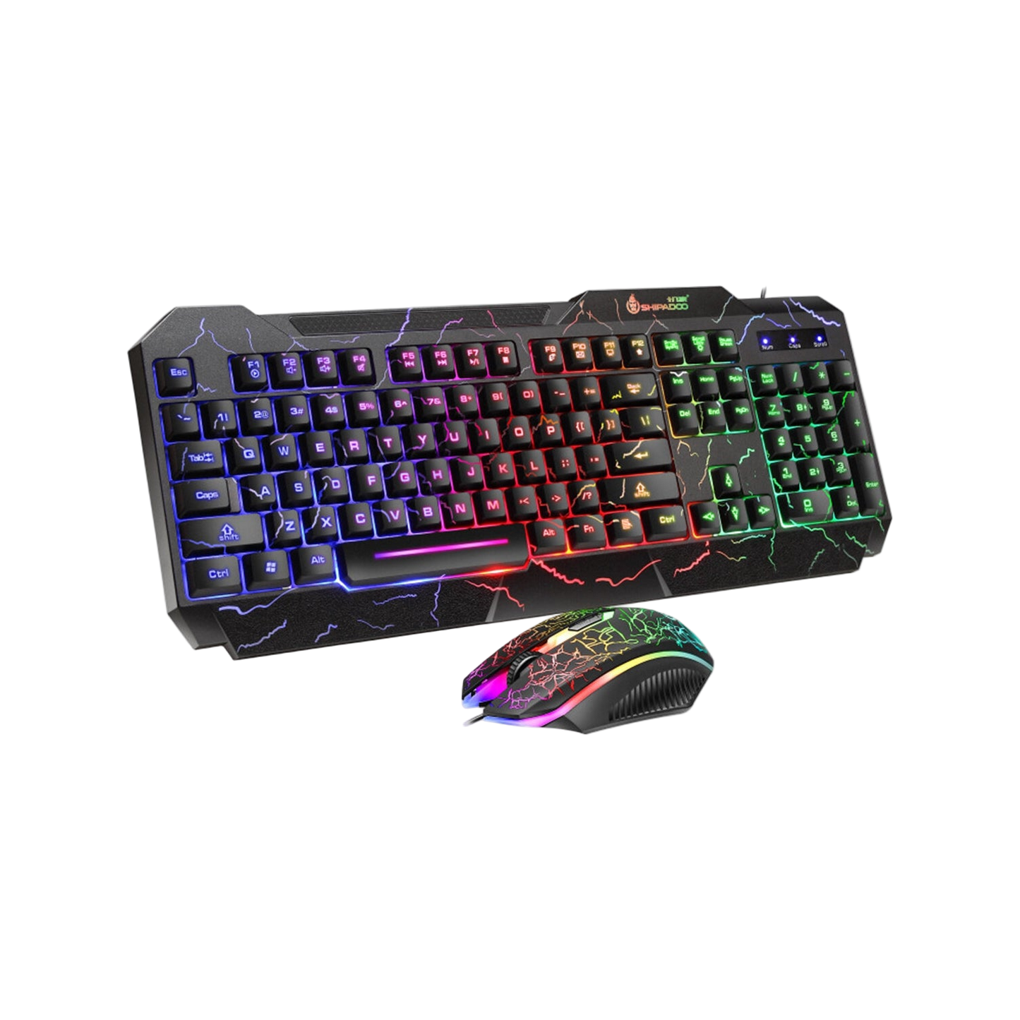 Gaming keyboard and mouse set with colorful backlighting on a white background