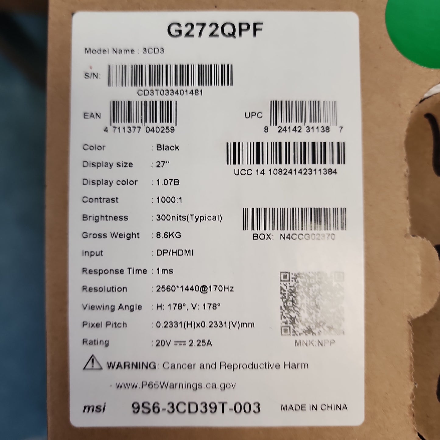 MSI G272QPF QHD Monitor
