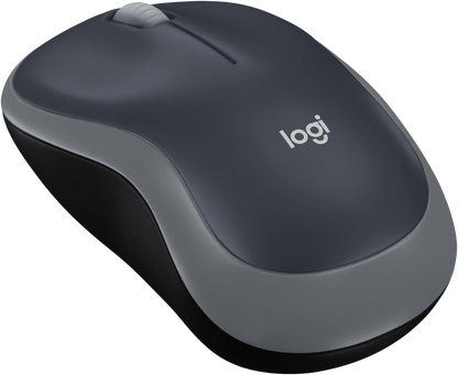 Gray computer mouse with Logitech logo on a white background