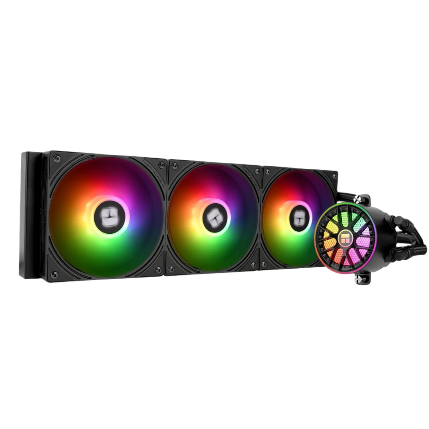 RGB cooling system with three fans and a control panel on a white background