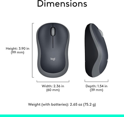 Logitech mouse with dimensions labeled on a white background