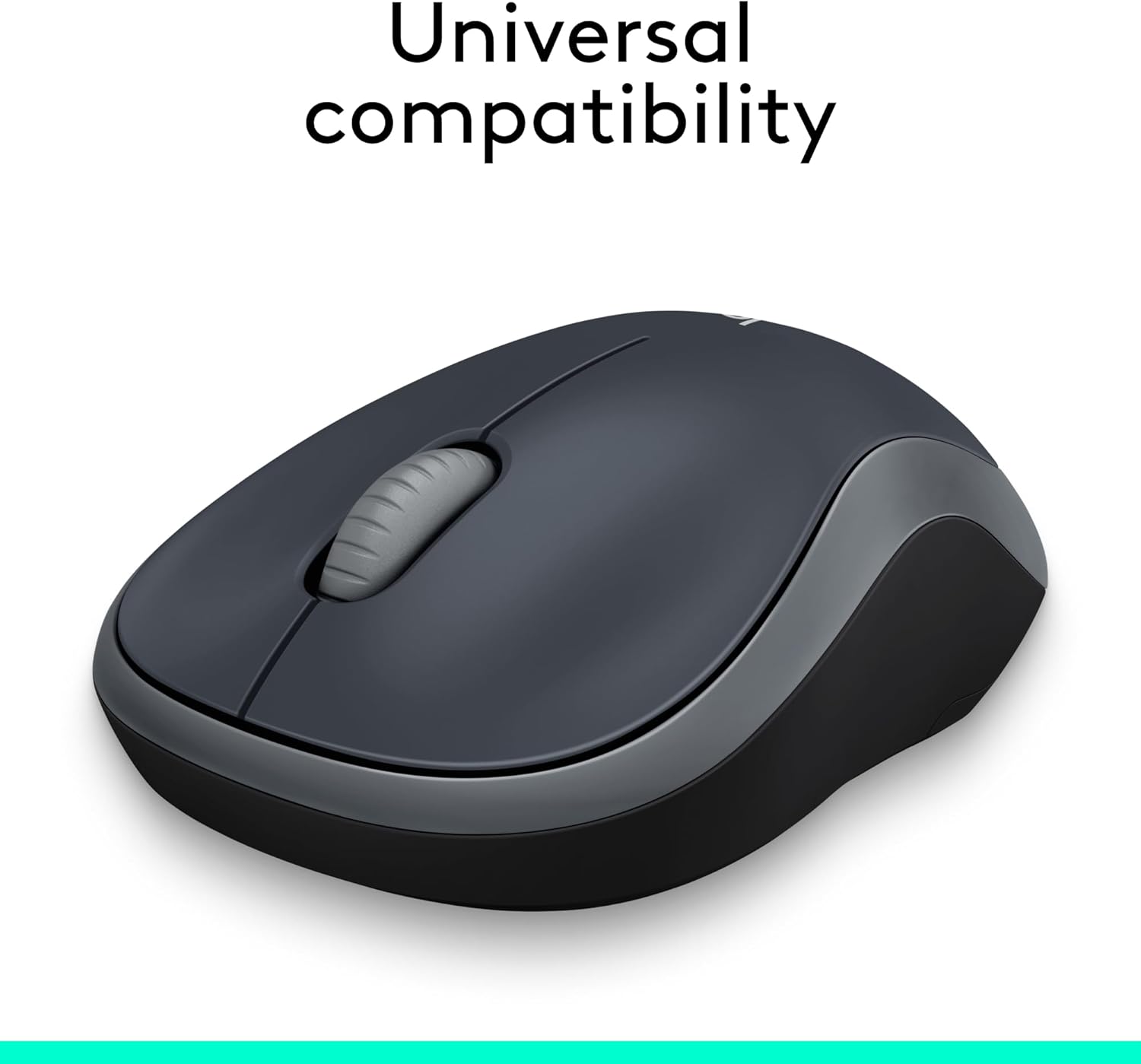 Black computer mouse on a white background with 'Universal compatibility' text.