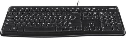 Black Logitech keyboard on a white background
