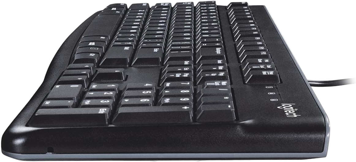 Black keyboard with visible Logitech branding on a white background