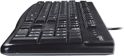 Black keyboard with visible Logitech branding on a white background