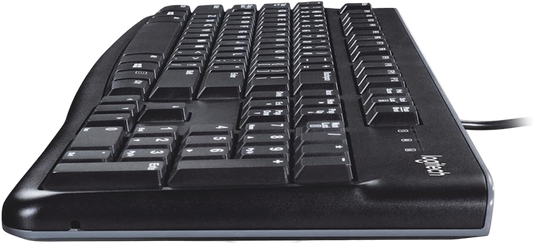 Black keyboard with visible Logitech branding on a white background
