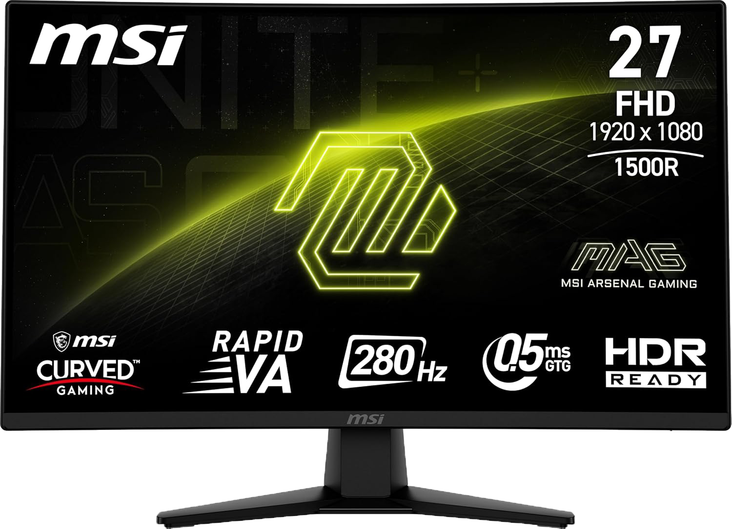 MSI gaming monitor with specifications on a black background
