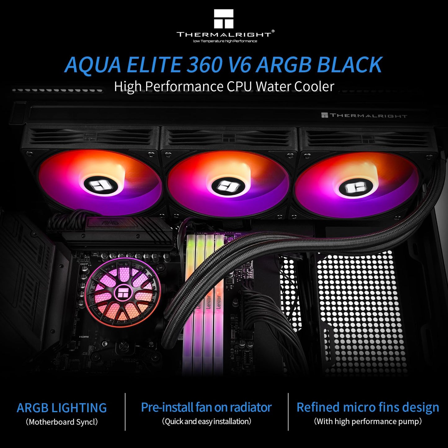 Thermalright Aqua Elite 360 V6 ARGB Black CPU water cooler with RGB lighting on a dark background.