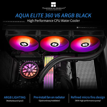 Thermalright Aqua Elite 360 V6 ARGB Black CPU water cooler with RGB lighting on a dark background.