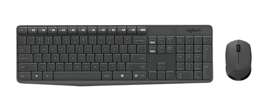A black Logitech MK235 keyboard and mouse combo, with the keyboard featuring a 10-key number pad and various function keys, and the mouse having a smooth optical tracking sensor.