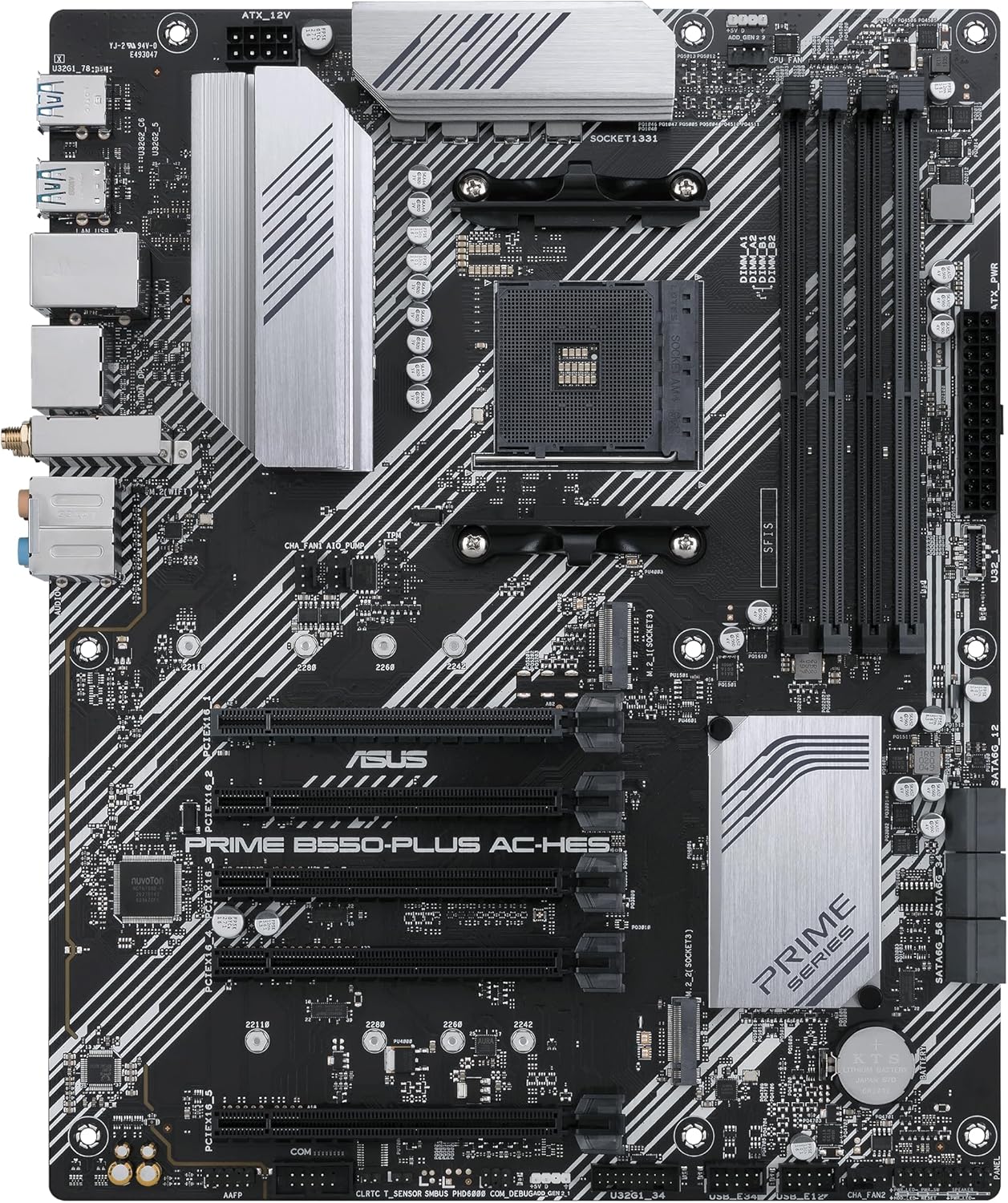 Asus Prime B550-Plus AC mesh motherboard on a black background