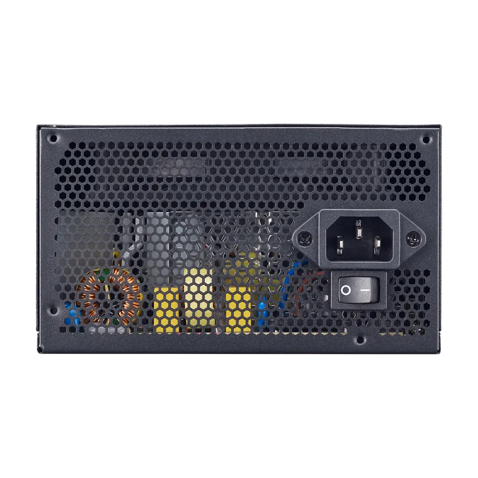 Computer power supply unit with visible components on a white background