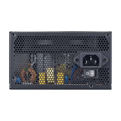 Computer power supply unit with visible components on a white background