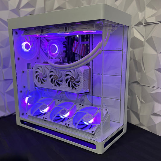 Computer case with visible internal components and purple lighting against a geometric patterned wall.