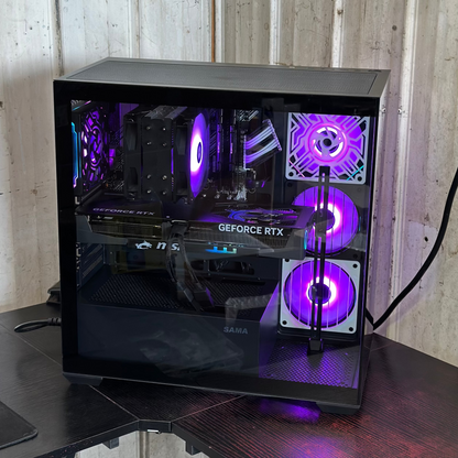 Gaming computer case with visible components on a wooden surface