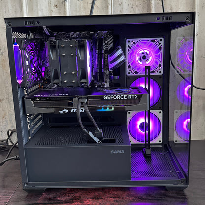 Open computer case with visible components and purple lighting on a wooden surface.