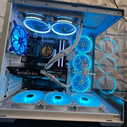 Glowing blue computer hardware inside a case with visible branding