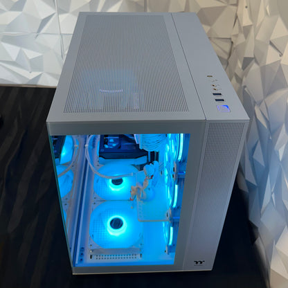 Computer case with blue LED lighting on a patterned surface