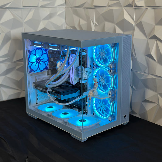 Computer case with blue LED lights against a geometric-patterned wall