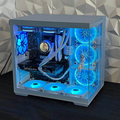 Computer case with blue LED lights on a geometric patterned wall background