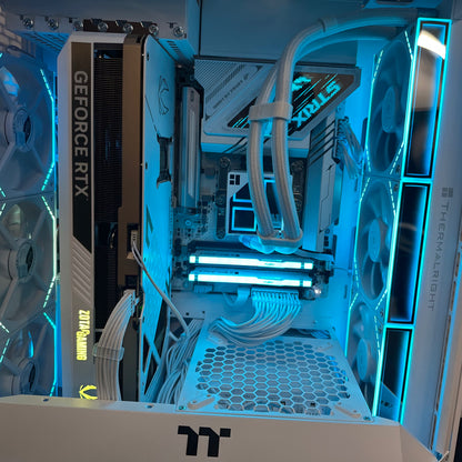 Computer hardware components inside a case with visible branding