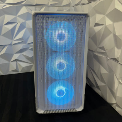 Gaming computer case with three blue LED fans against a geometric patterned wall.