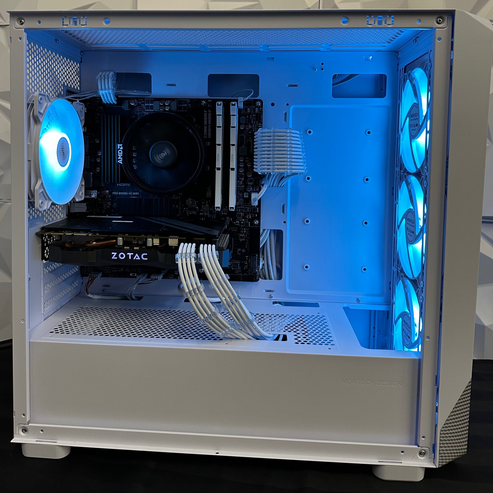 Computer case with internal components and blue LED lighting