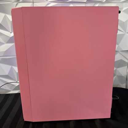Pink box with a geometric patterned wall in the background