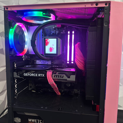 Open computer case with RGB lighting and visible hardware components on a white background