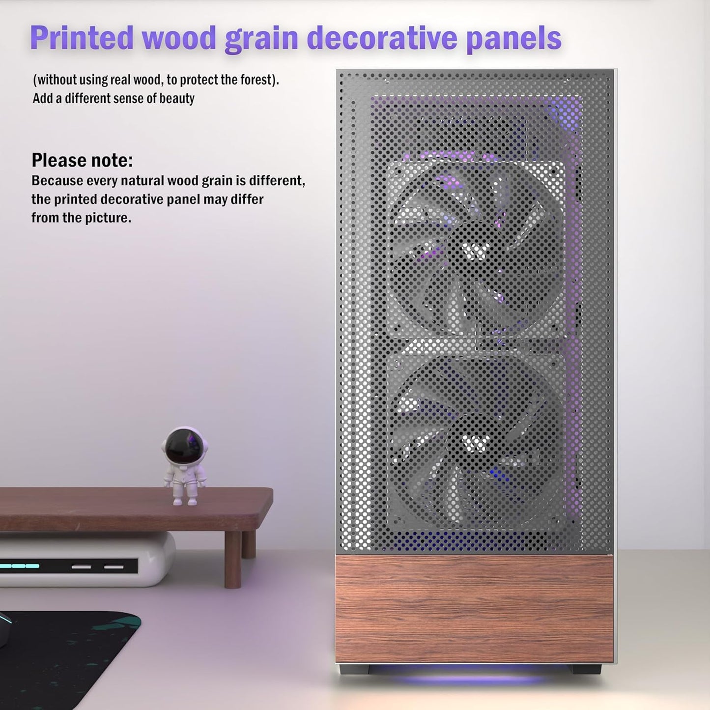 Caja para PC Kediers Mid Tower de madera de nogal con estampado 