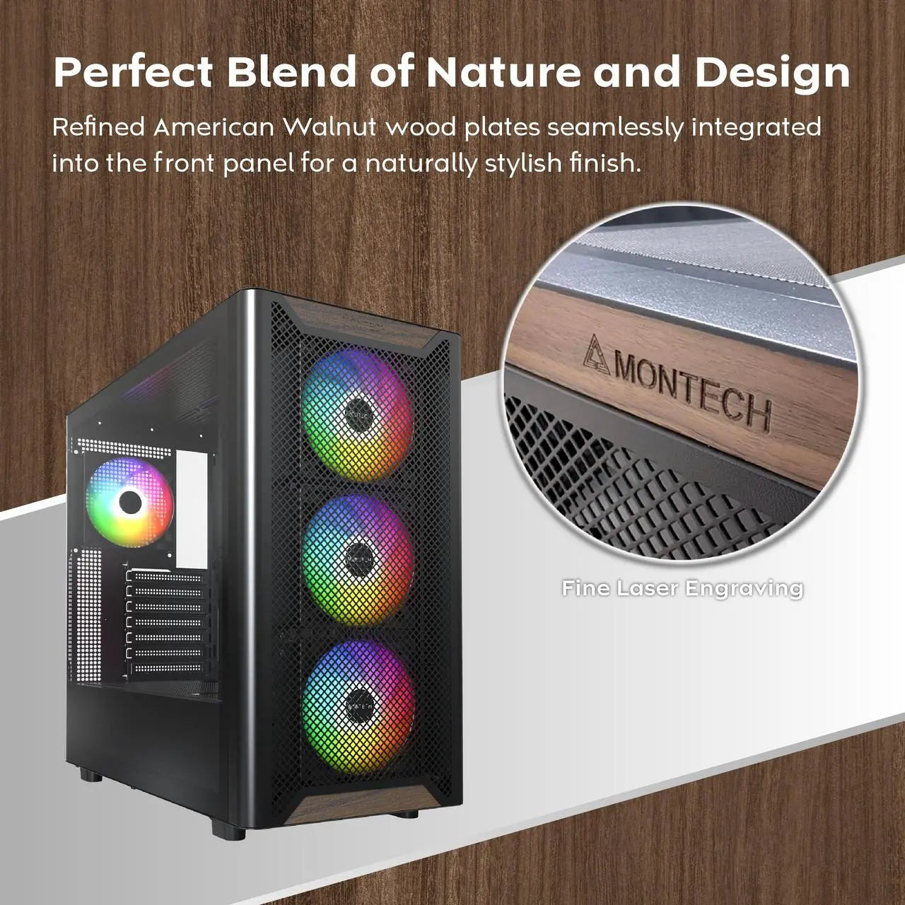 MONTECH XR Wood, frontal de nogal negro auténtico, chasis ATX de torre media para juegos de PC