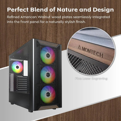 MONTECH XR Wood, frontal de nogal negro auténtico, chasis ATX de torre media para juegos de PC