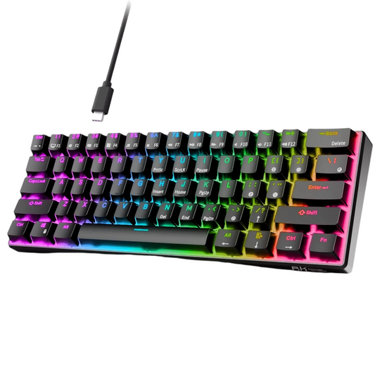 RK Royal Kludge RK61 (lumière jaune, 2.4/BT/filaire, commutateurs bleus, noir) 