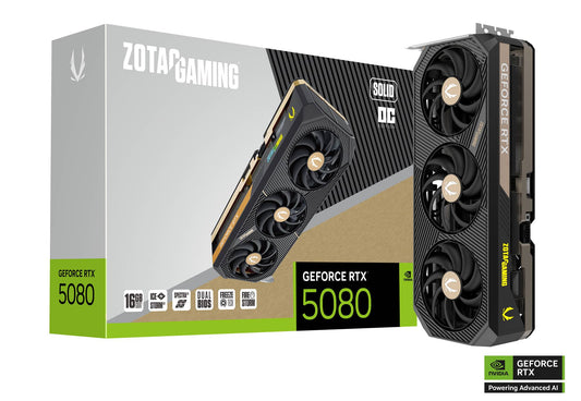 ZOTAC Gaming GeForce RTX 5080 graphics card packaging with card displayed on a white background