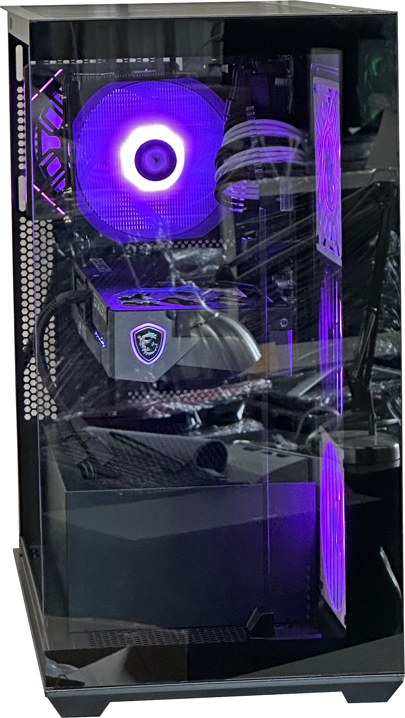Computer case with purple LED lighting and visible brand logo