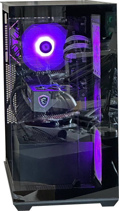Computer case with purple LED lighting and visible brand logo