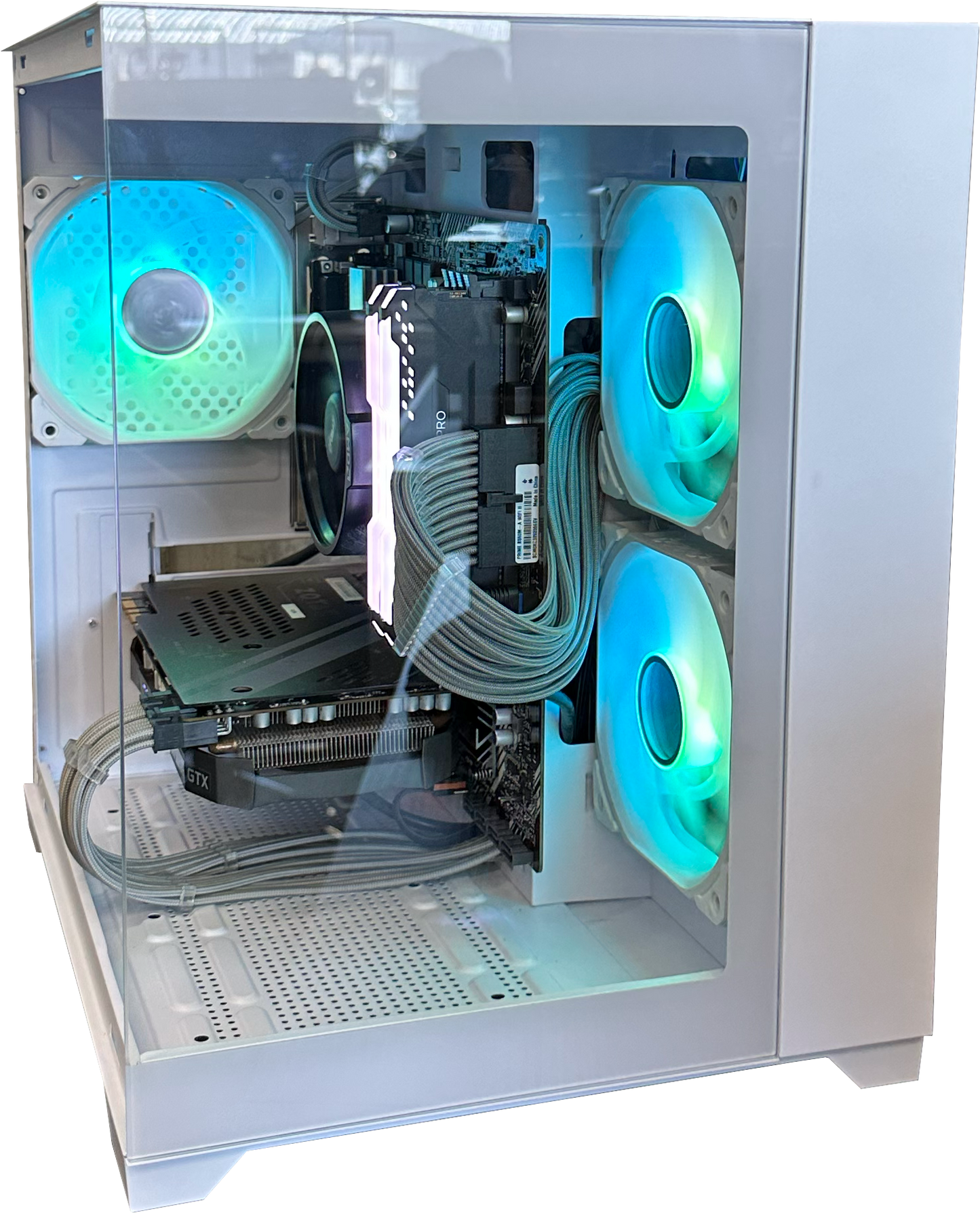 Open computer case with RGB lighting on fans, visible motherboard, and components.