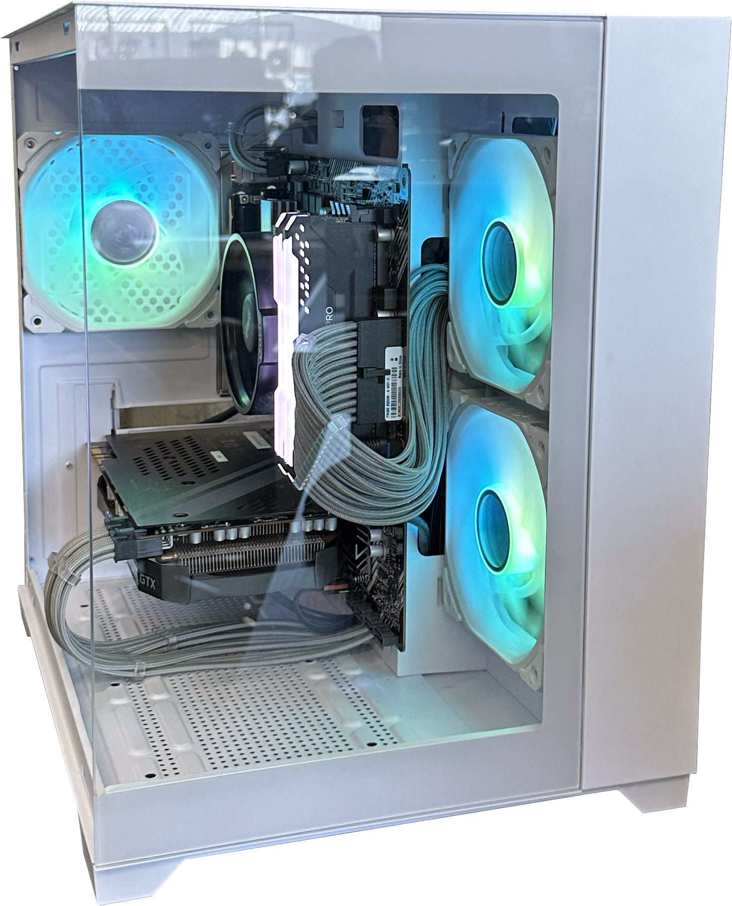 Open computer case with RGB lighting on fans, visible motherboard, and components.