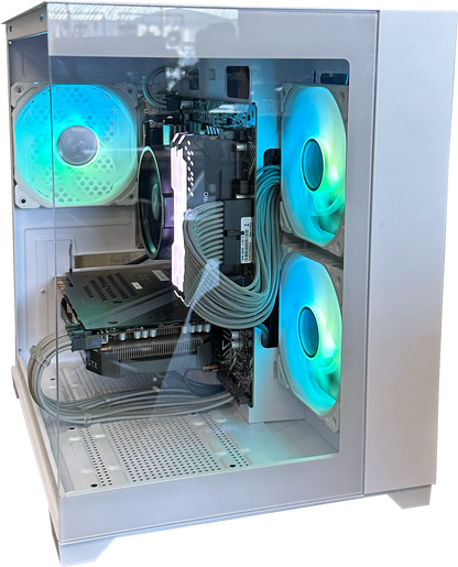 Open computer case with RGB lighting on fans, visible motherboard, and components.