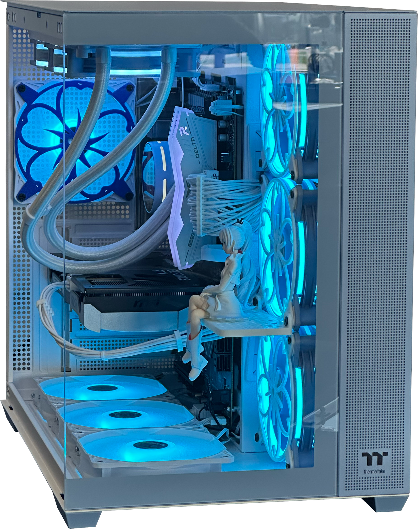 Computer case with transparent side panel showing internal components and blue LED lighting.