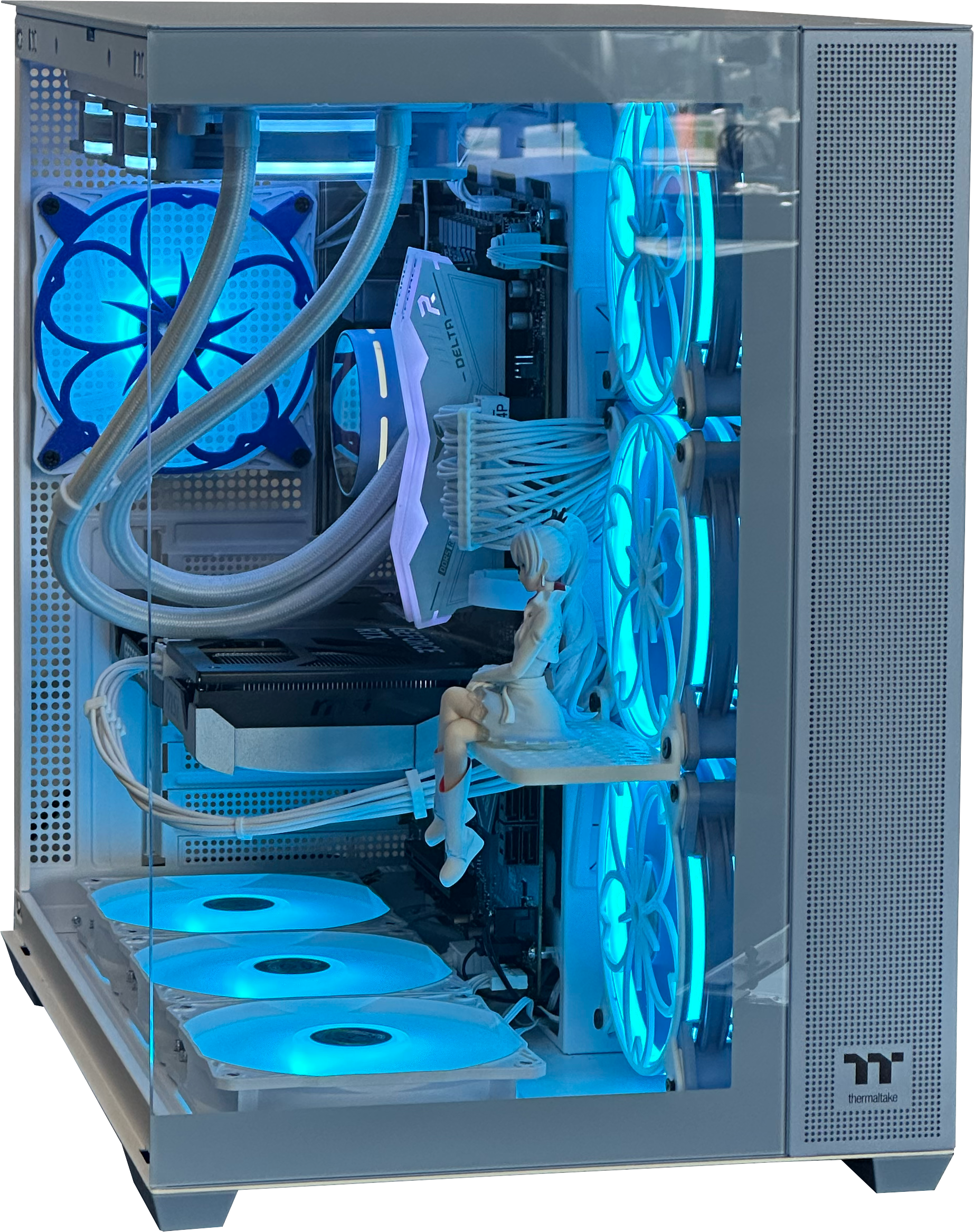 Computer case with transparent side panel showing internal components and blue LED lighting.