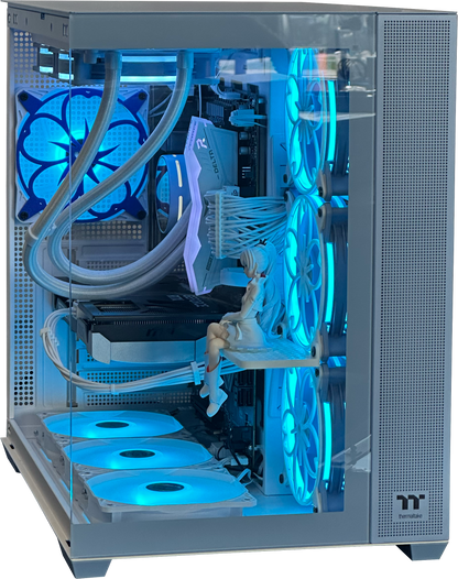 Computer case with transparent side panel showing internal components and blue LED lighting.